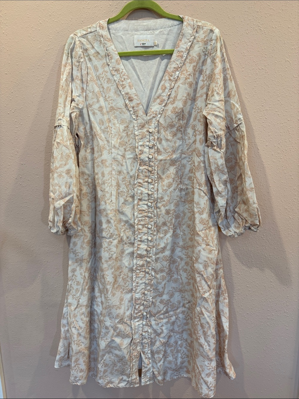 Sancia Cream and Beige Floral V-Neck Long Sleeve Dress
